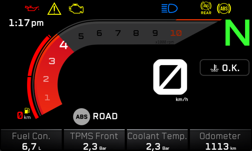 The fully composed cluster screen, telltales, main ride view and bottom bar together