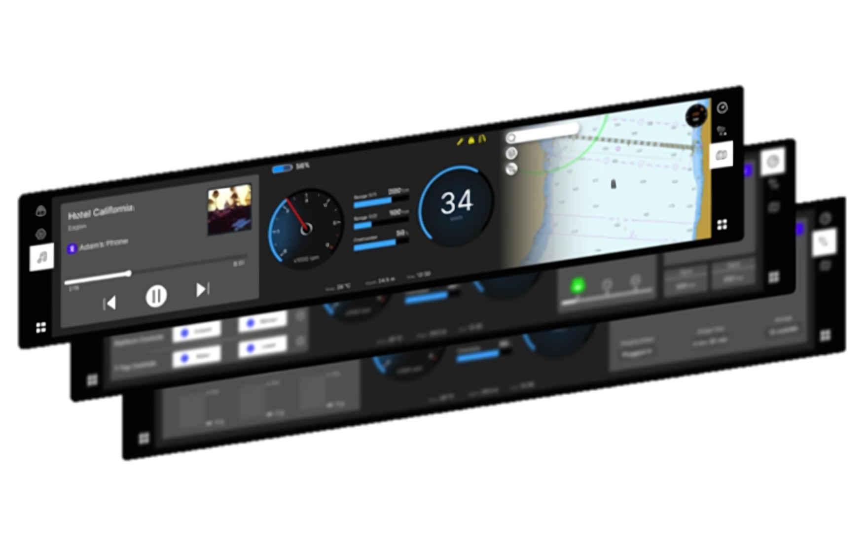 Layered marine cockpit UI with navigation, media and instrumentation
