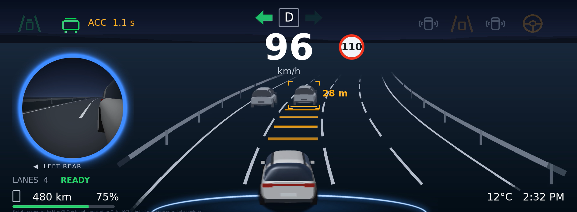 Passenger vehicle digital cockpit with ADAS visualization, highway following distance and lane guidance