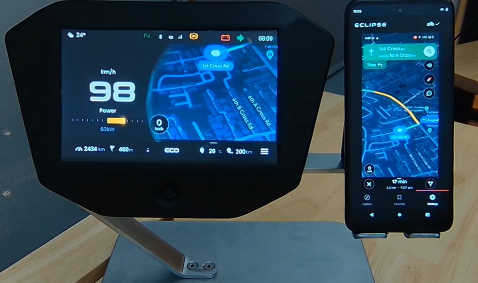 Project Eclipse, two-wheeler cluster with live map streaming and companion Android navigation app